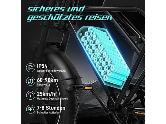 RCB 20" G19 E-bike, 48 V/20,8 Ah, MAX 90 km, 250 W, voor stad- en bergritten, 120 kg, APP/NFC Zwart